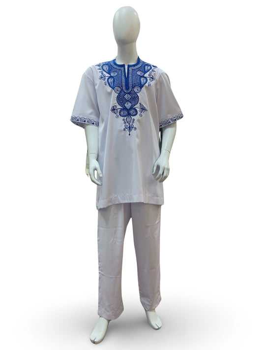 Men’s Formal Embroidery 2pc Kaftan Set (White & Blue)