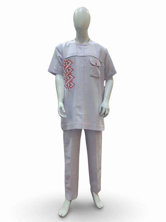 Men’s Formal Embroidery Kaftan 2pc Set (White & Red)