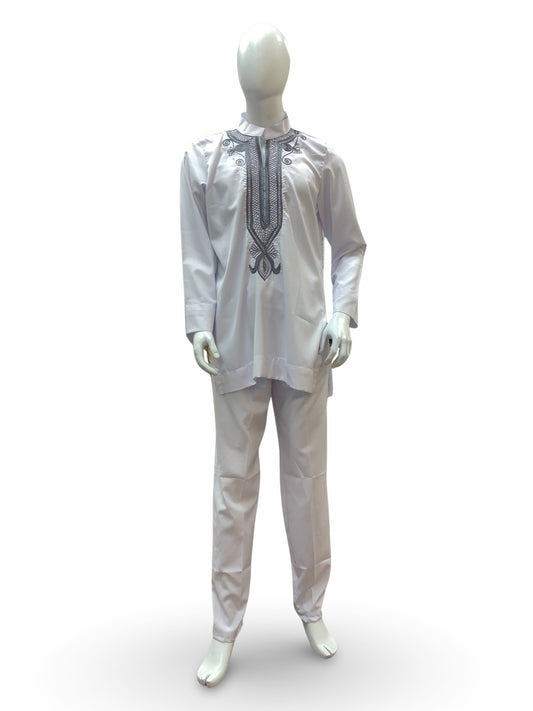 Men’s Formal Embroidery Kaftan 2pc Set (White & Silver)