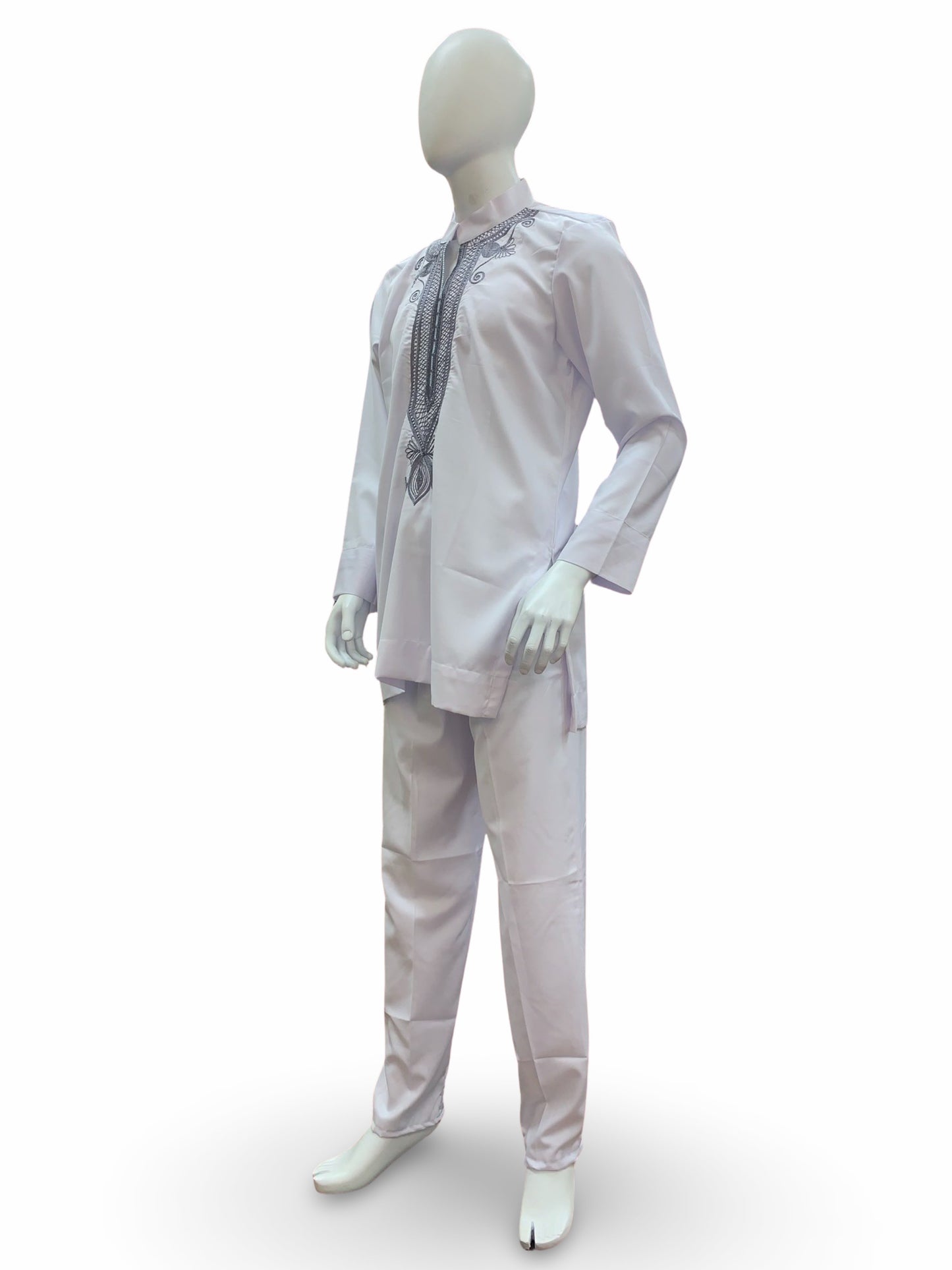 Men’s Formal Embroidery Kaftan 2pc Set (White & Silver)